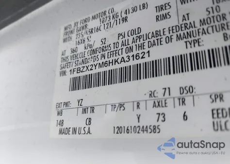 2017 Ford Transit-350 Xlt из США, поврежденный, VIN 1FBZX2YM6HKA31621